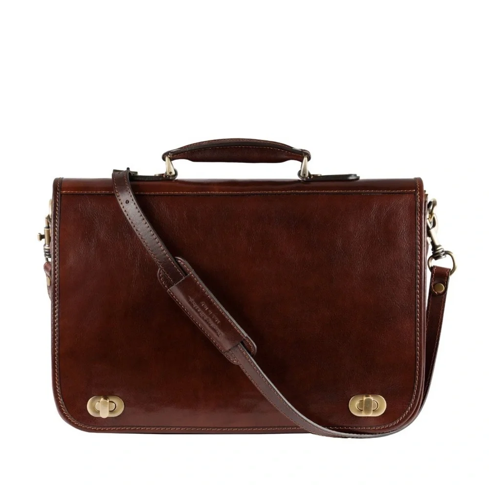 Time Resistance Leather Briefcase Italian Full Grain Leather Lapto Bag